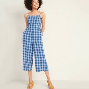 Old Navy Blue White Plaid Linen-Blend Cami Romper  Jumpsuit